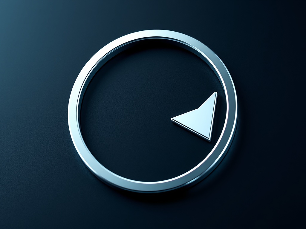 A clean, modern icon: an arrow rotating around a digital screen, rendered in polished silver and cyan gradients on a dark matte background. Close-up macro shot. Photorealistic, 8k, commercial photography.